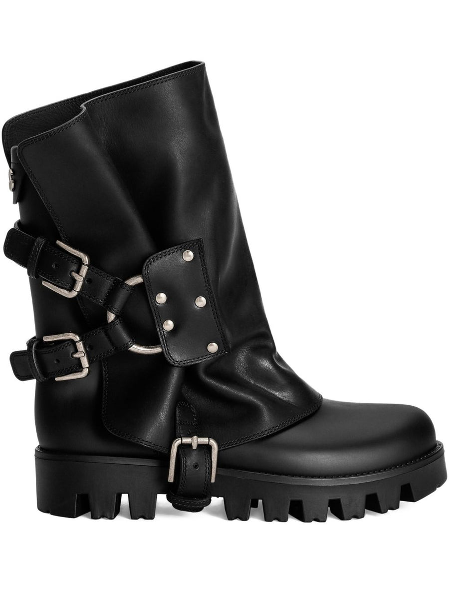 Dolce and Gabbana Biker Ankle Boots with Buckles for Women Bold Luxurious Leather Lug Sole