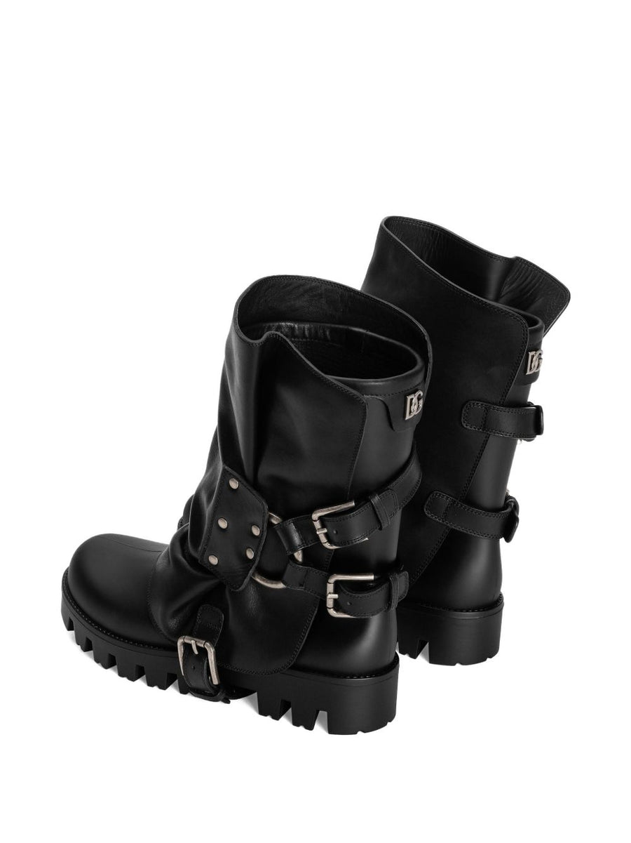 Dolce and Gabbana Biker Ankle Boots with Buckles for Women Bold Luxurious Leather Lug Sole