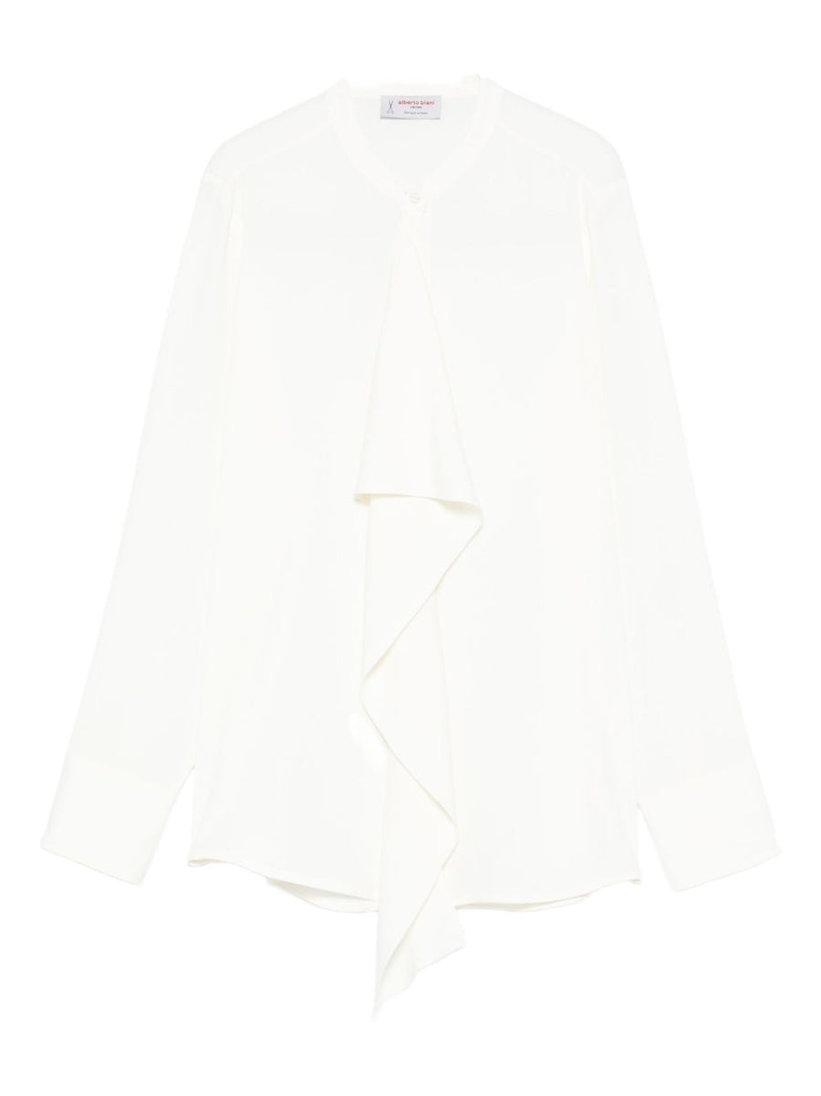 Alberto Biani Cream Silk Blend Shirt For Women With Delicate Ruffles And Long Sleeves Luxury Workwear To Evening Wear