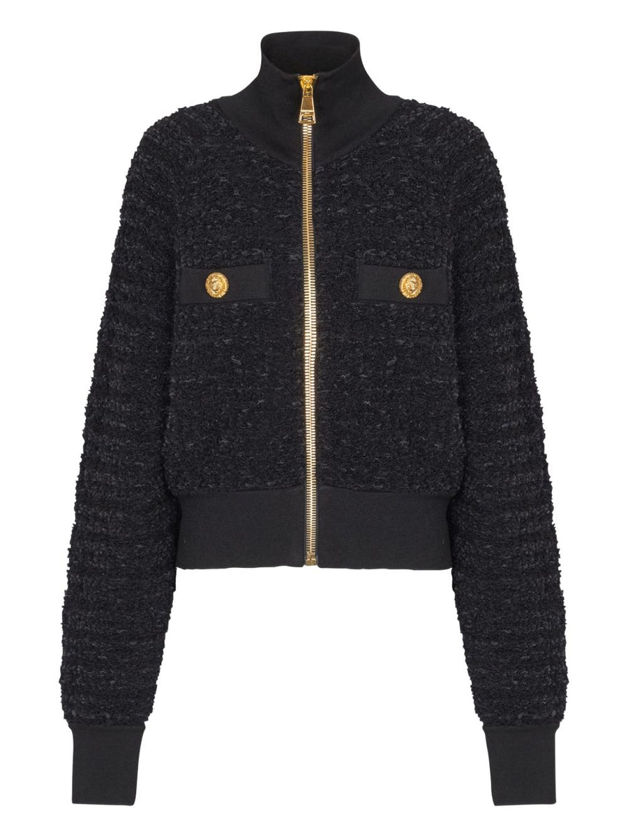 Balmain Tweed Bomber Jacket For Women Luxury Textured Exterior Front Zip Ribbed Cuffs FW25
