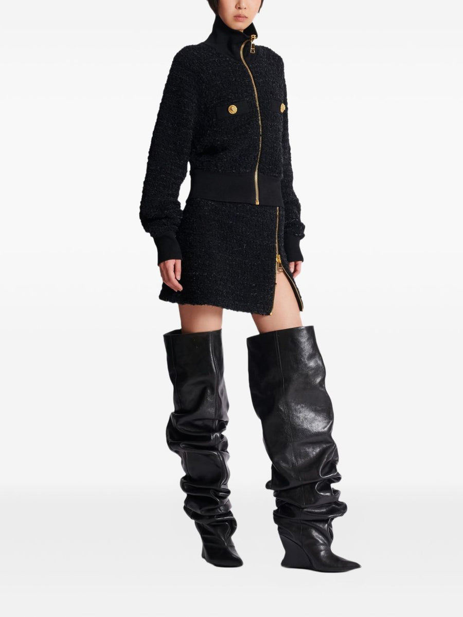 Balmain Tweed Bomber Jacket For Women Luxury Textured Exterior Front Zip Ribbed Cuffs FW25
