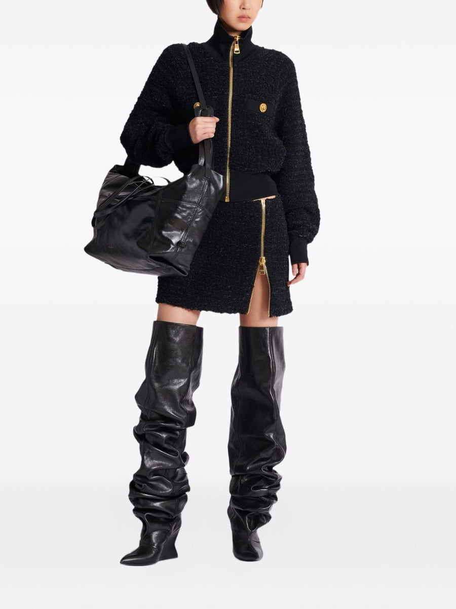 Balmain Tweed Bomber Jacket For Women Luxury Textured Exterior Front Zip Ribbed Cuffs FW25