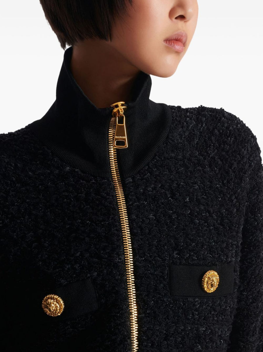 Balmain Tweed Bomber Jacket For Women Luxury Textured Exterior Front Zip Ribbed Cuffs FW25
