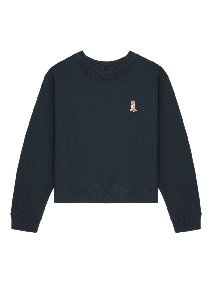 Maison Kitsuné Fox Embroidered Cropped Sweatshirt For Women In Navy Cotton Luxurious Everyday Wear