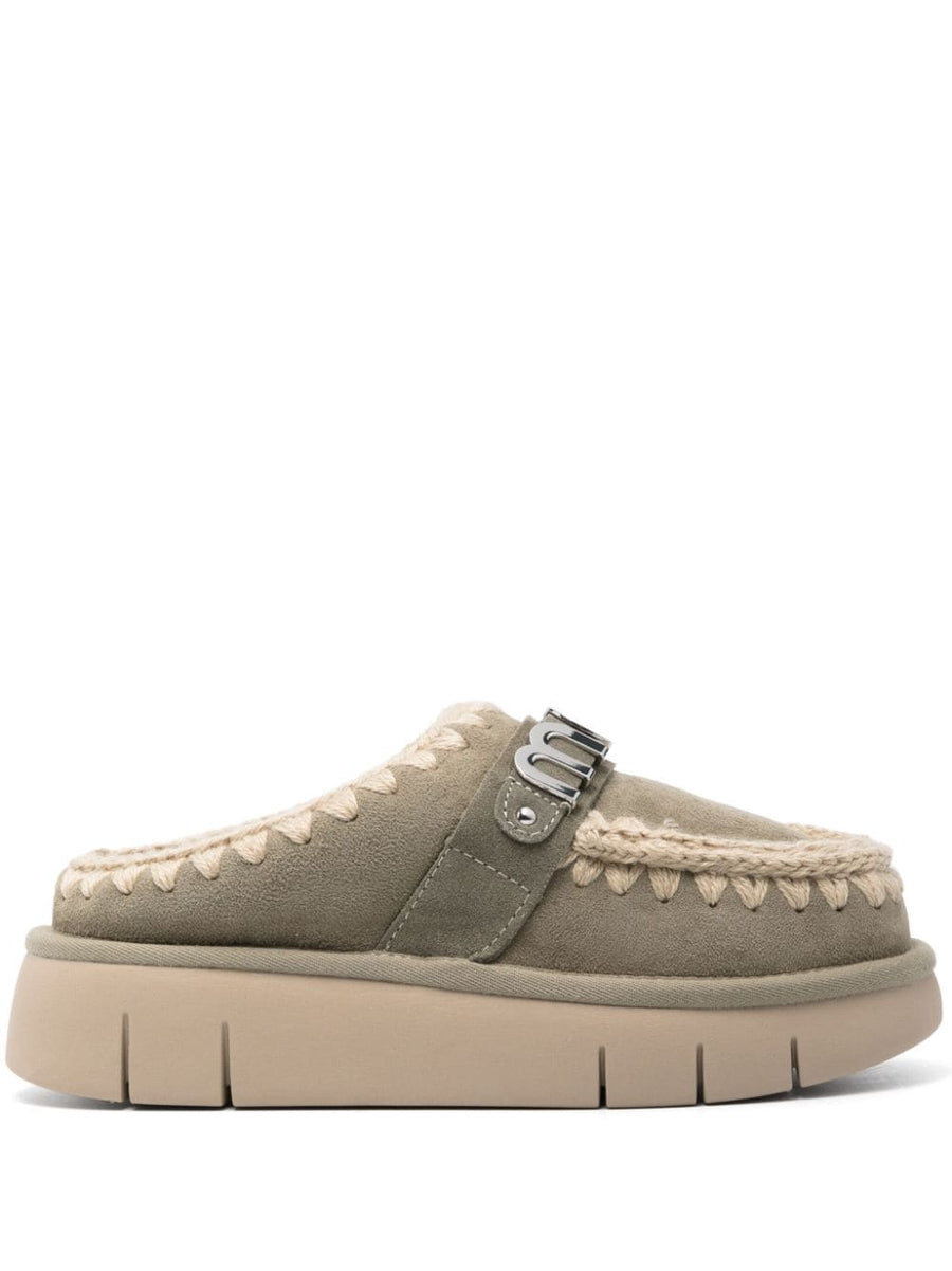 Mou Bounce Clog Slippers For Women With Slip On Comfort Suede Crochet Trim Logo Buckle Luxurious Everyday