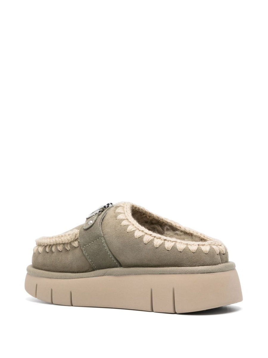 Mou Bounce Clog Slippers For Women With Slip On Comfort Suede Crochet Trim Logo Buckle Luxurious Everyday
