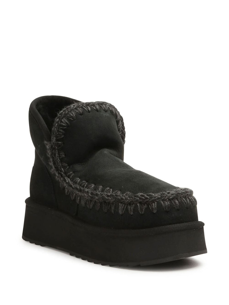 Mou Mini Eskimo Platform Boot for Women in Black Suede with Whipstitch Trim and Logo Appliqué