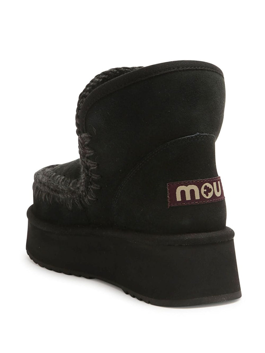 Mou Mini Eskimo Platform Boot for Women in Black Suede with Whipstitch Trim and Logo Appliqué
