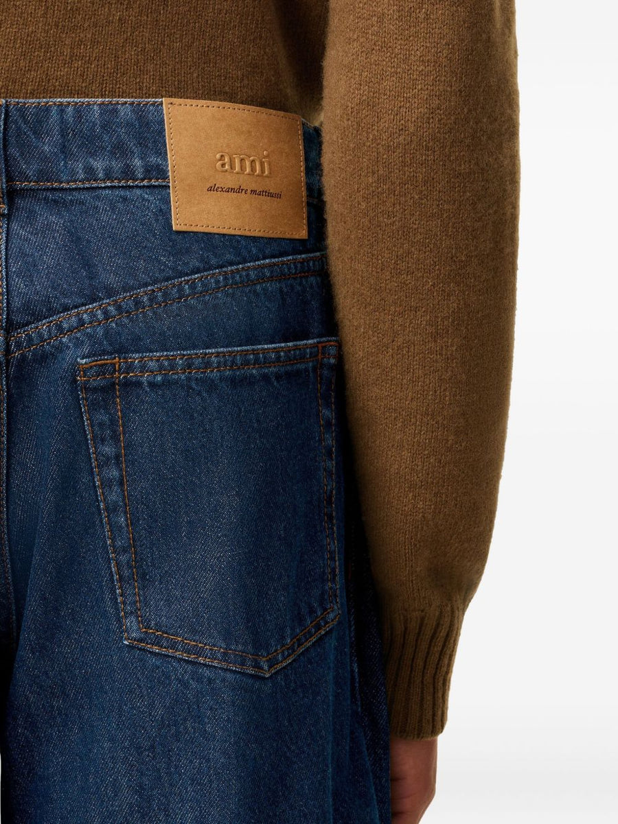 Ami Paris Wide Leg Denim Jeans For Men Navy Cotton Five Pocket Button Fly Premium Quality