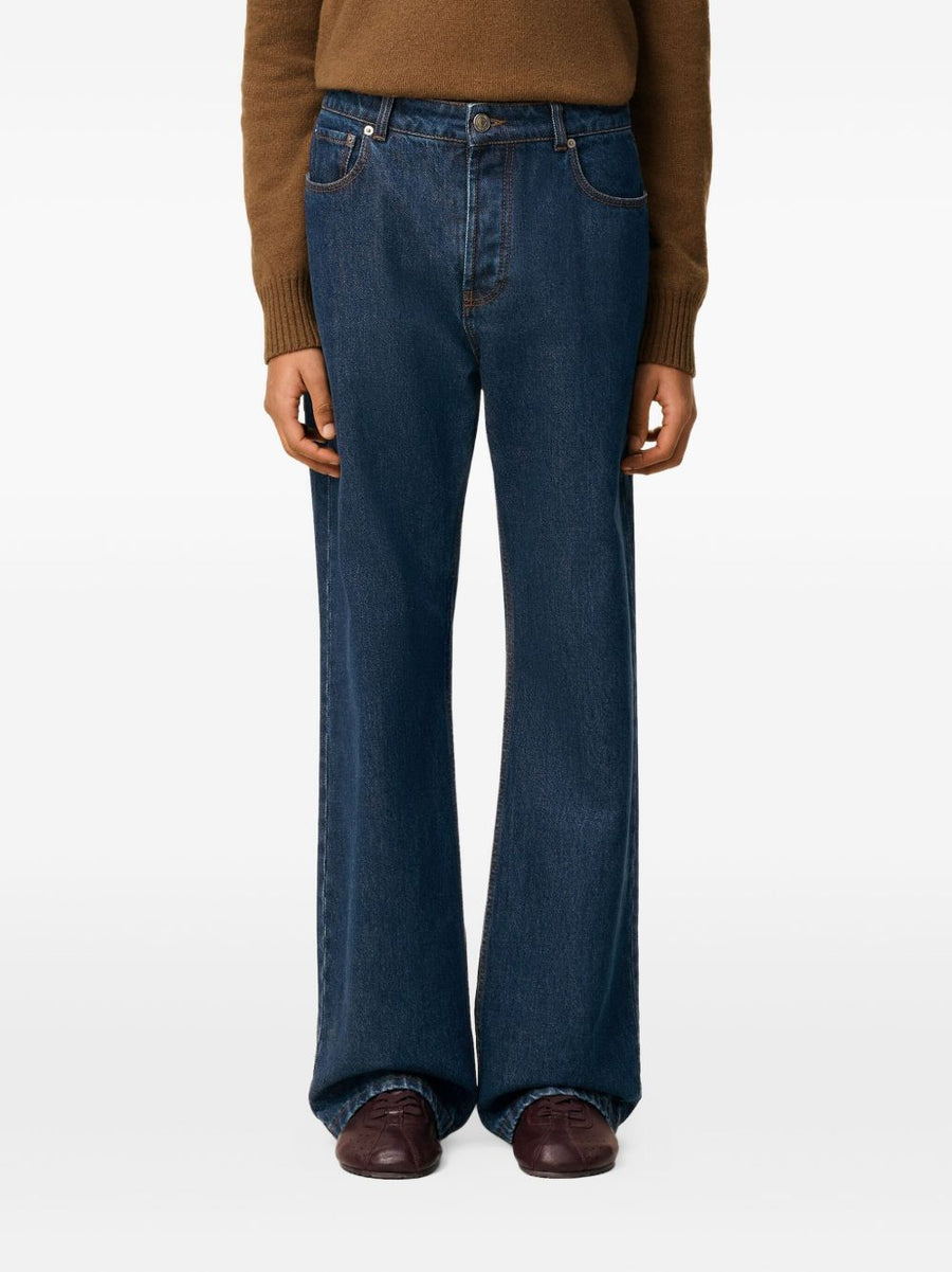 Ami Paris Wide Leg Denim Jeans For Men Navy Cotton Five Pocket Button Fly Premium Quality