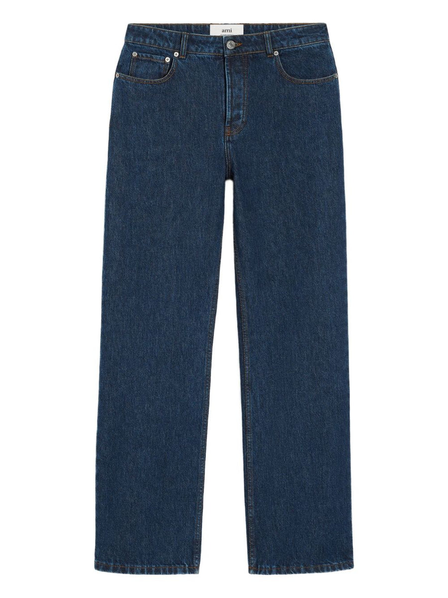 Ami Paris Wide Leg Denim Jeans For Men Navy Cotton Five Pocket Button Fly Premium Quality