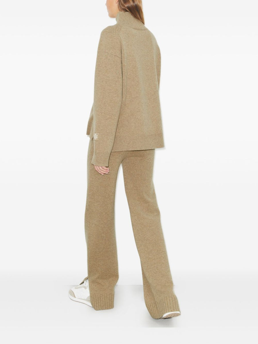 Tory Burch Wool Knitted Trousers for Women Premium Tailored Beige Warmth with Side Slit