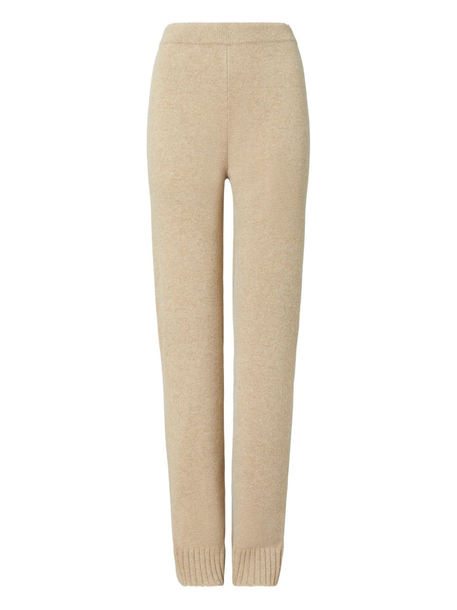 Tory Burch Wool Knitted Trousers for Women Premium Tailored Beige Warmth with Side Slit