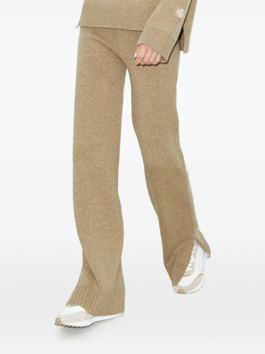 Tory Burch Wool Knitted Trousers for Women Premium Tailored Beige Warmth with Side Slit
