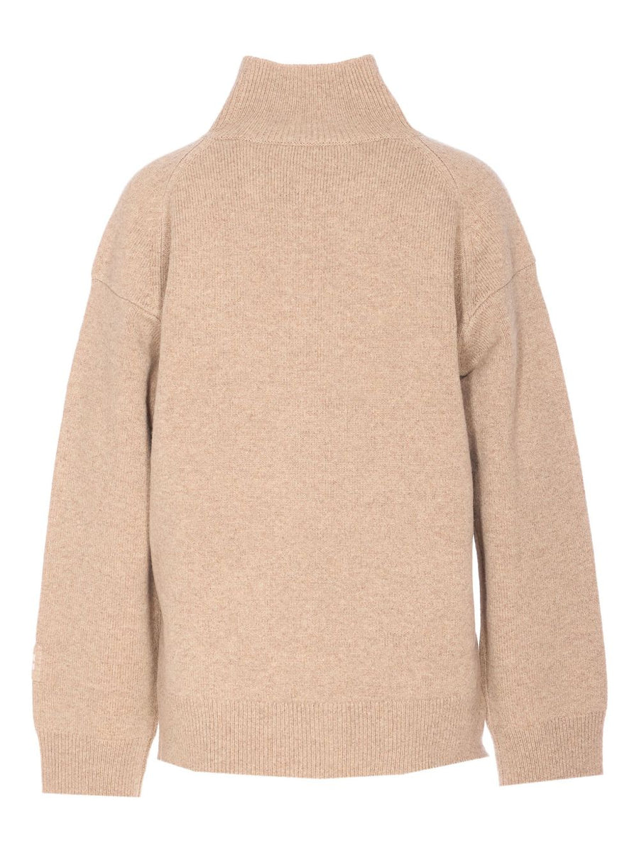 Tory Burch Beige Wool Turtle Neck Jumper For Women 100 Percent Wool With Embroidered Logo
