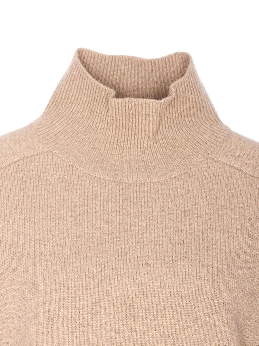 Tory Burch Beige Wool Turtle Neck Jumper For Women 100 Percent Wool With Embroidered Logo