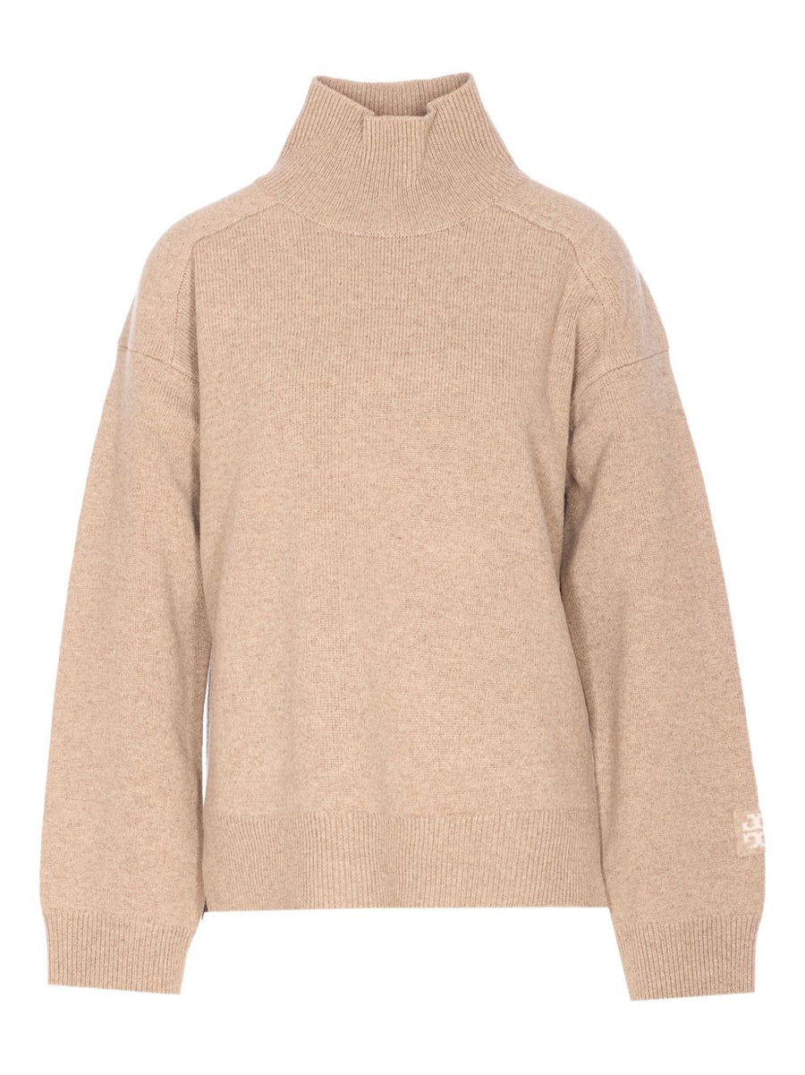 Tory Burch Beige Wool Turtle Neck Jumper For Women 100 Percent Wool With Embroidered Logo