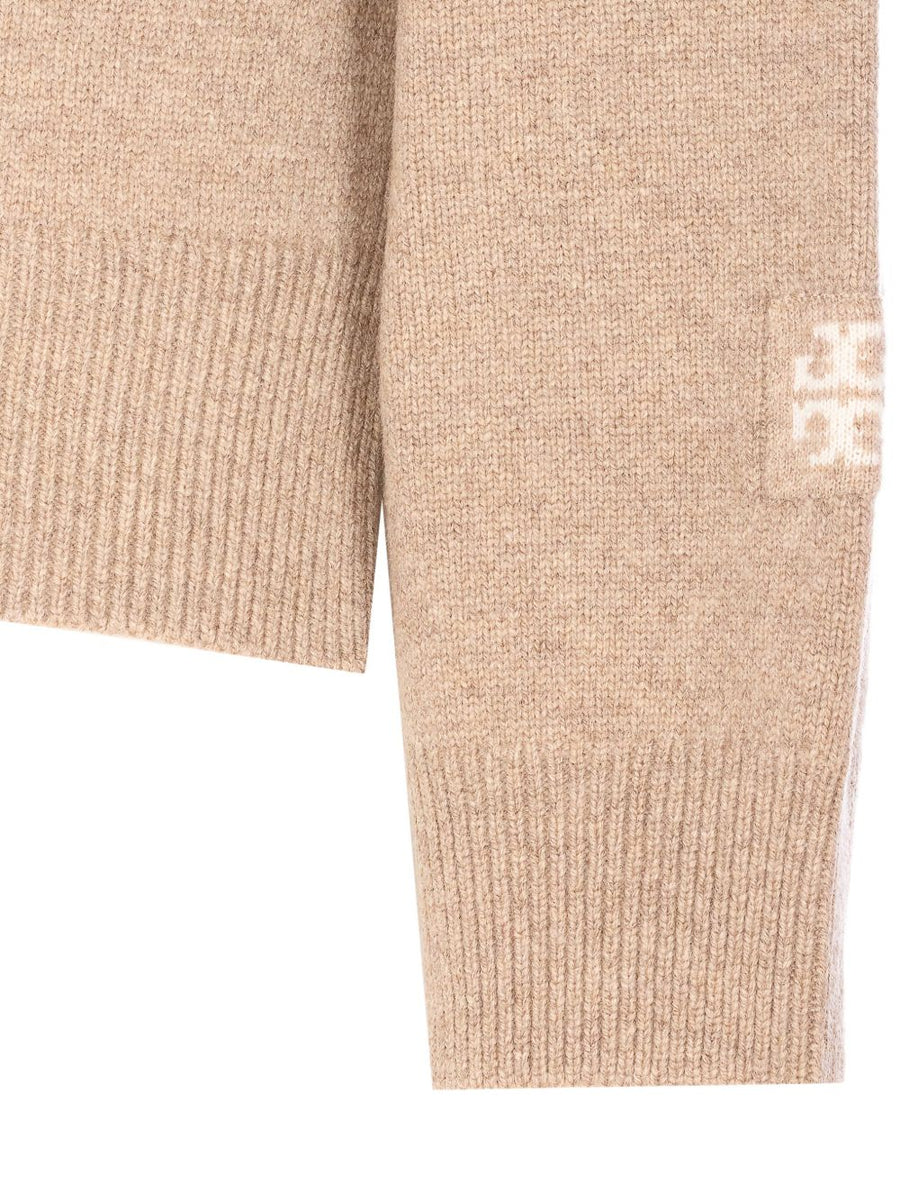 Tory Burch Beige Wool Turtle Neck Jumper For Women 100 Percent Wool With Embroidered Logo