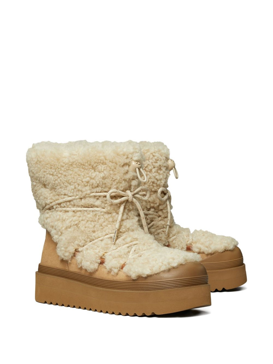 Tory Burch Mellow Shearling Platform Boots For Women Cozy Warmth Leather Suede Beige