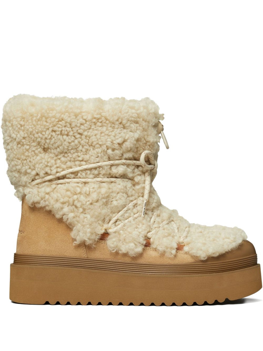 Tory Burch Mellow Shearling Platform Boots For Women Cozy Warmth Leather Suede Beige