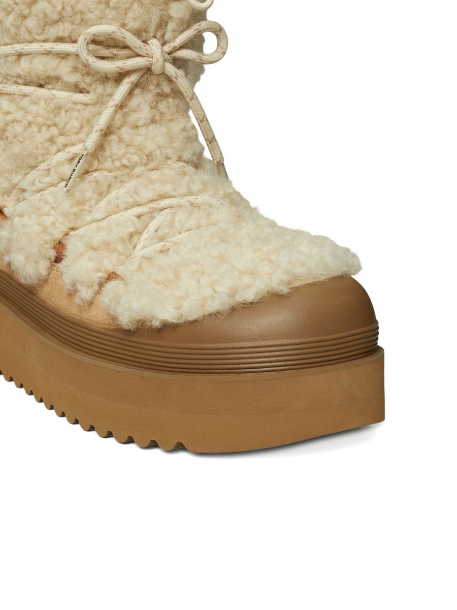 Tory Burch Mellow Shearling Platform Boots For Women Cozy Warmth Leather Suede Beige