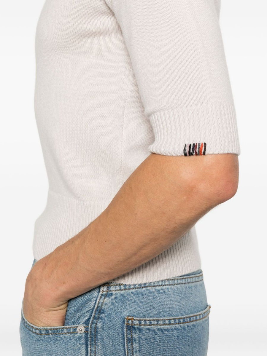 Luxurious Cashmere Crewneck Sweater For Women By Extreme Cashmere One Size Beige With Striped Sleeves