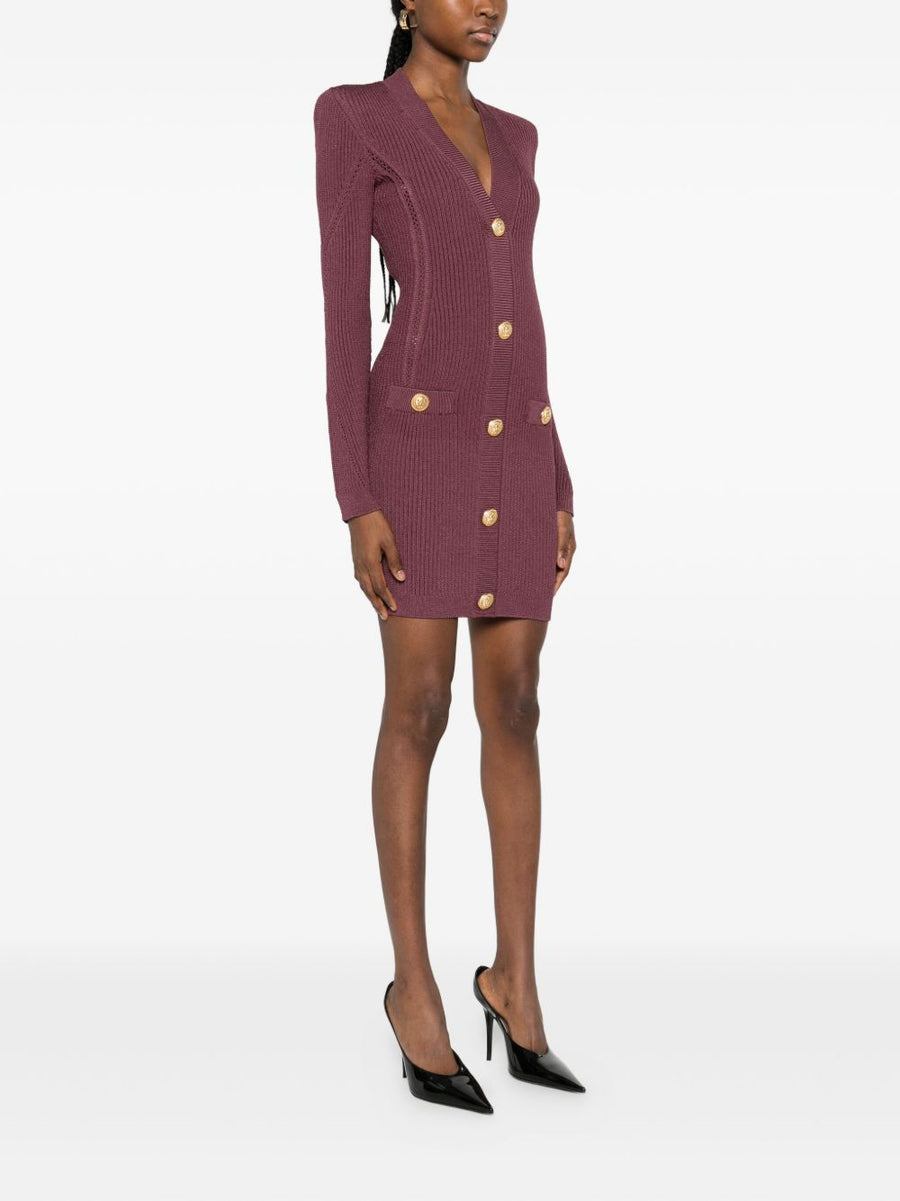 Balmain V Neck Knitted Mini Dress With Pockets Dark Violet For Modern Women Luxurious Style