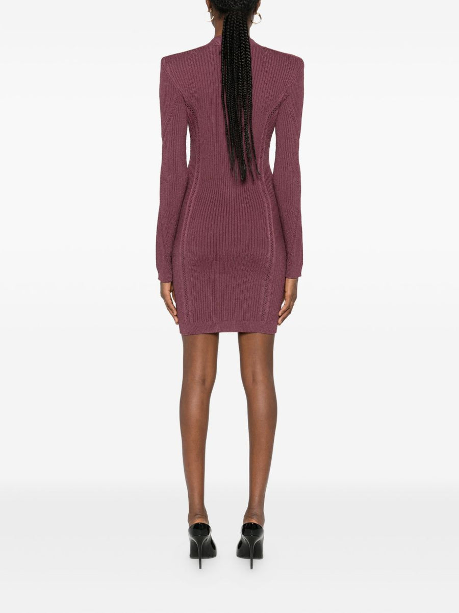Balmain V Neck Knitted Mini Dress With Pockets Dark Violet For Modern Women Luxurious Style