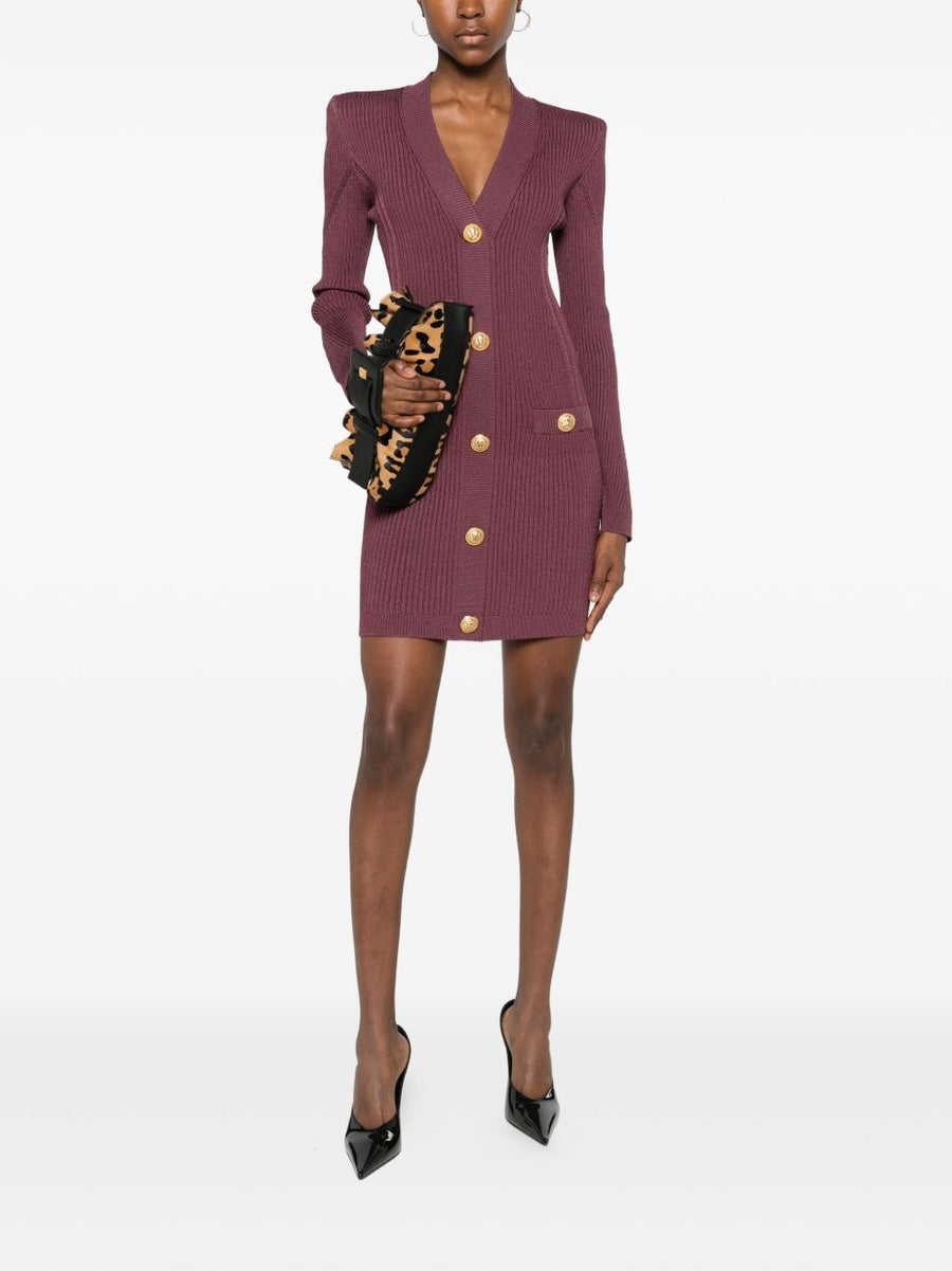 Balmain V Neck Knitted Mini Dress With Pockets Dark Violet For Modern Women Luxurious Style