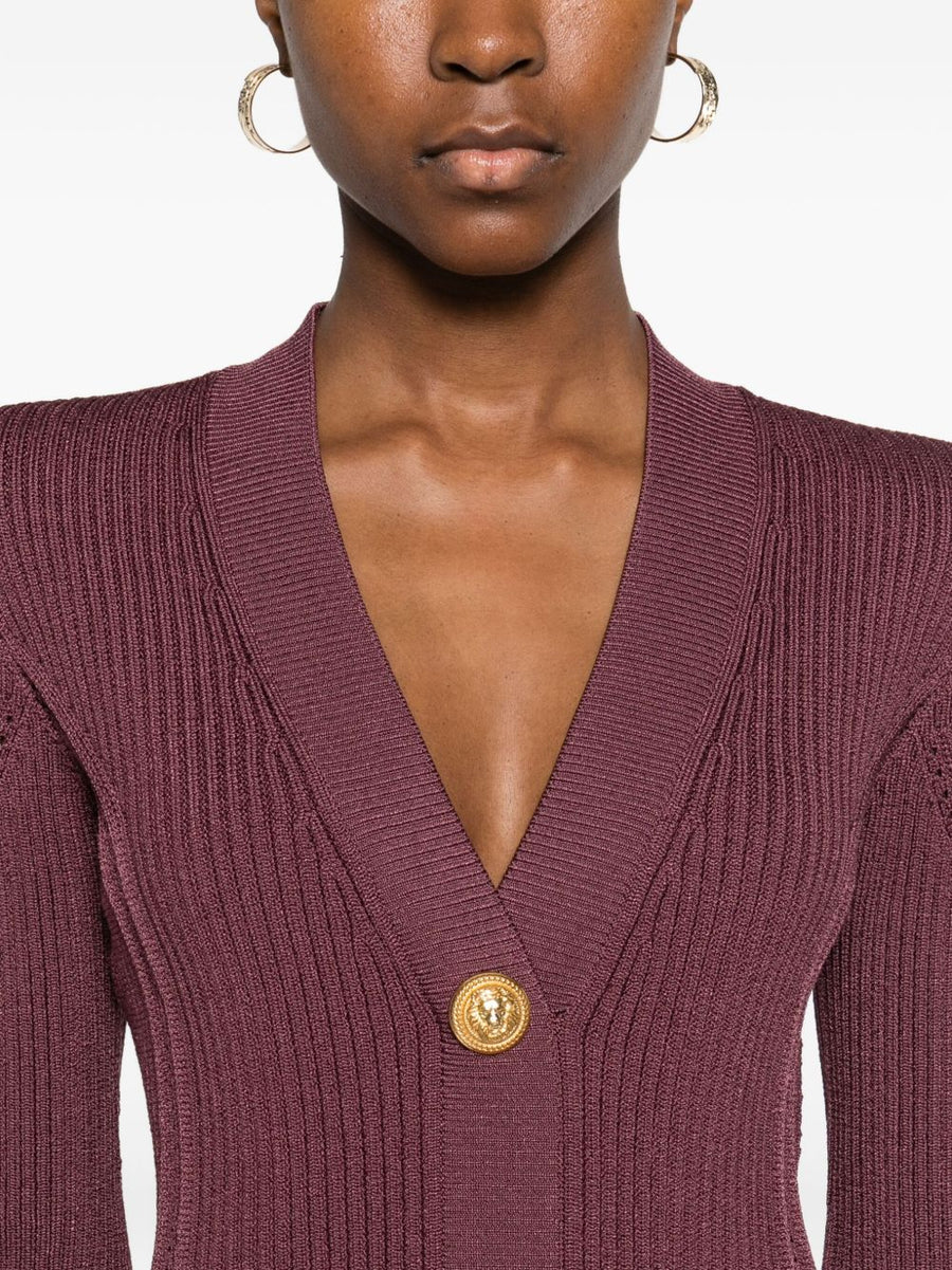 Balmain V Neck Knitted Mini Dress With Pockets Dark Violet For Modern Women Luxurious Style