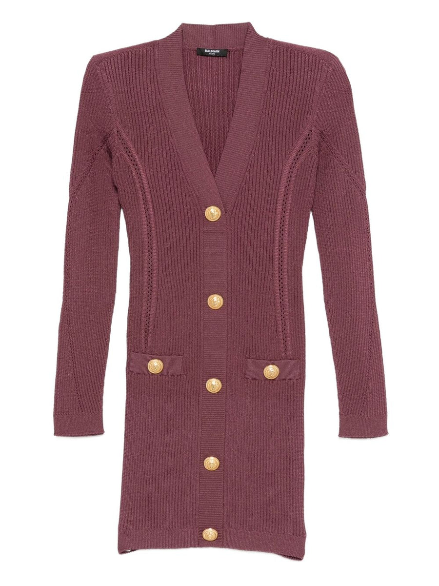 Balmain V Neck Knitted Mini Dress With Pockets Dark Violet For Modern Women Luxurious Style