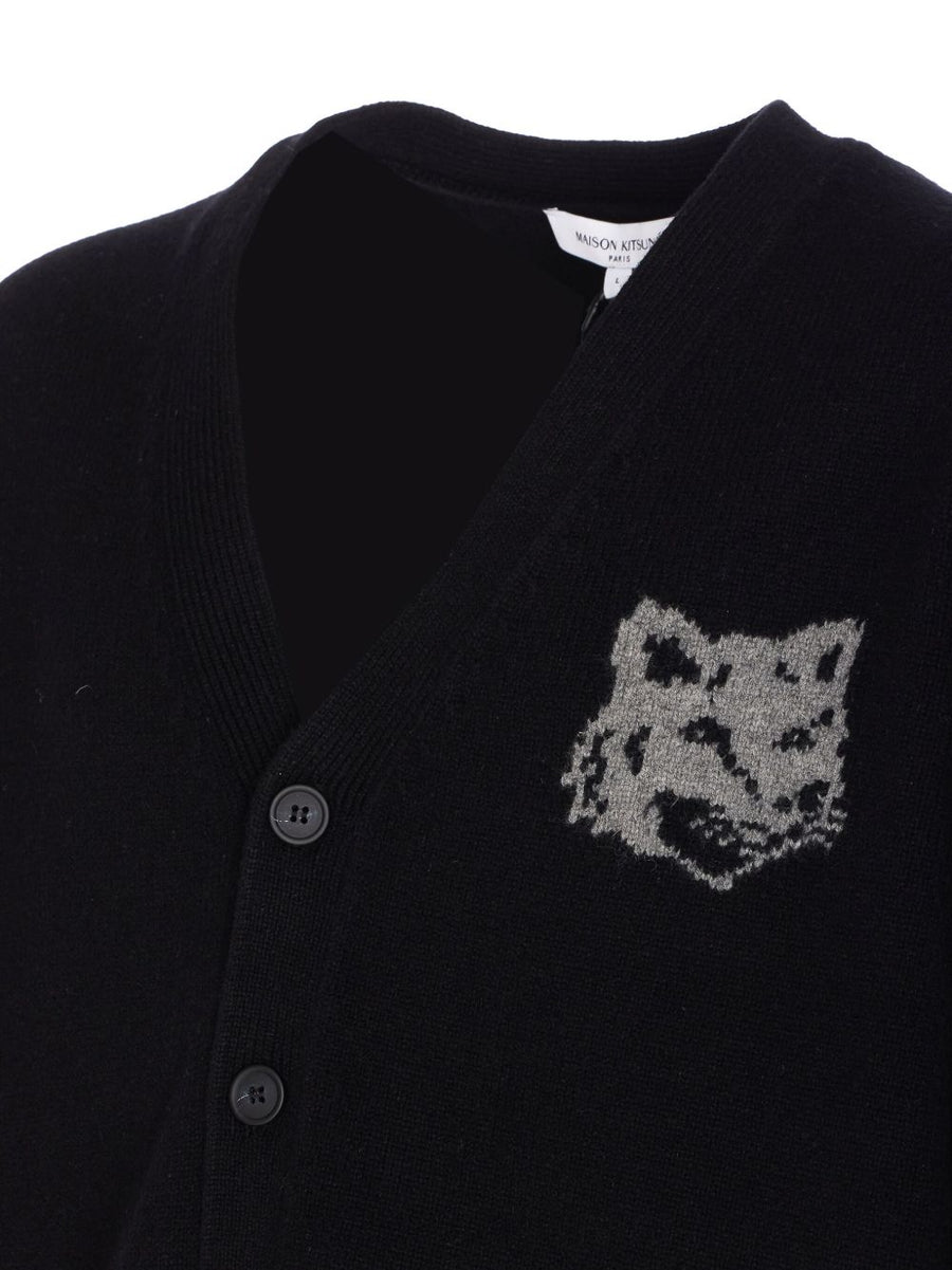 Maison Kitsuné Men's Merino Wool Cardigan With Foxhead Intarsia, Button Front, V-Neck