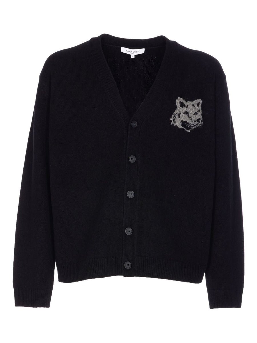 Maison Kitsuné Men's Merino Wool Cardigan With Foxhead Intarsia, Button Front, V-Neck