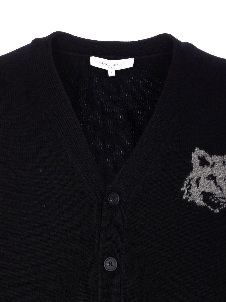Maison Kitsuné Men's Merino Wool Cardigan With Foxhead Intarsia, Button Front, V-Neck