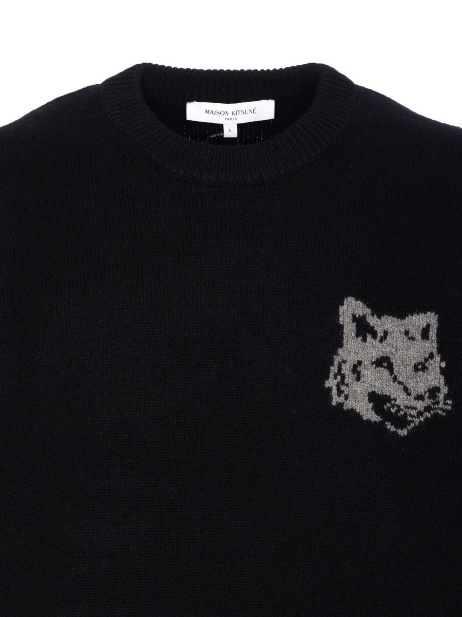 Maison Kitsuné Fox Embroidered Merino Wool Crew Neck Sweater For Men Luxury Knitwear Fox Head Intarsia Layering Piece