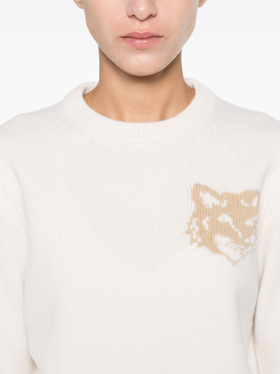 Maison Kitsuné Merino Jumper With Fox Head Intarsia In Ecru For Women Premium Cozy Knit FW25