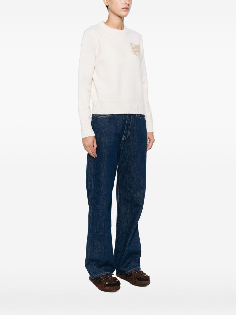 Maison Kitsuné Merino Jumper With Fox Head Intarsia In Ecru For Women Premium Cozy Knit FW25