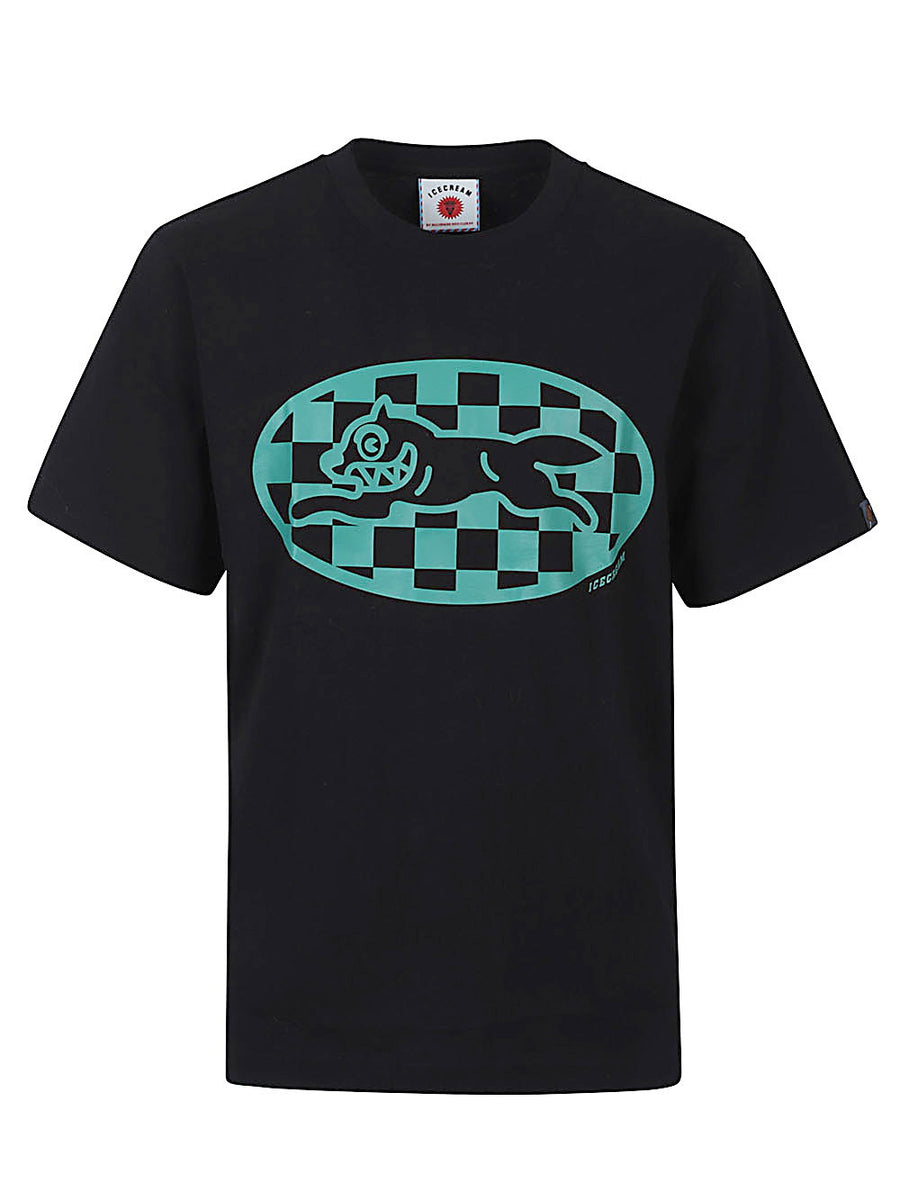 Icecream Running Dog Tee With Green Checked Pattern For Men Cotton Topwear Everyday Casual