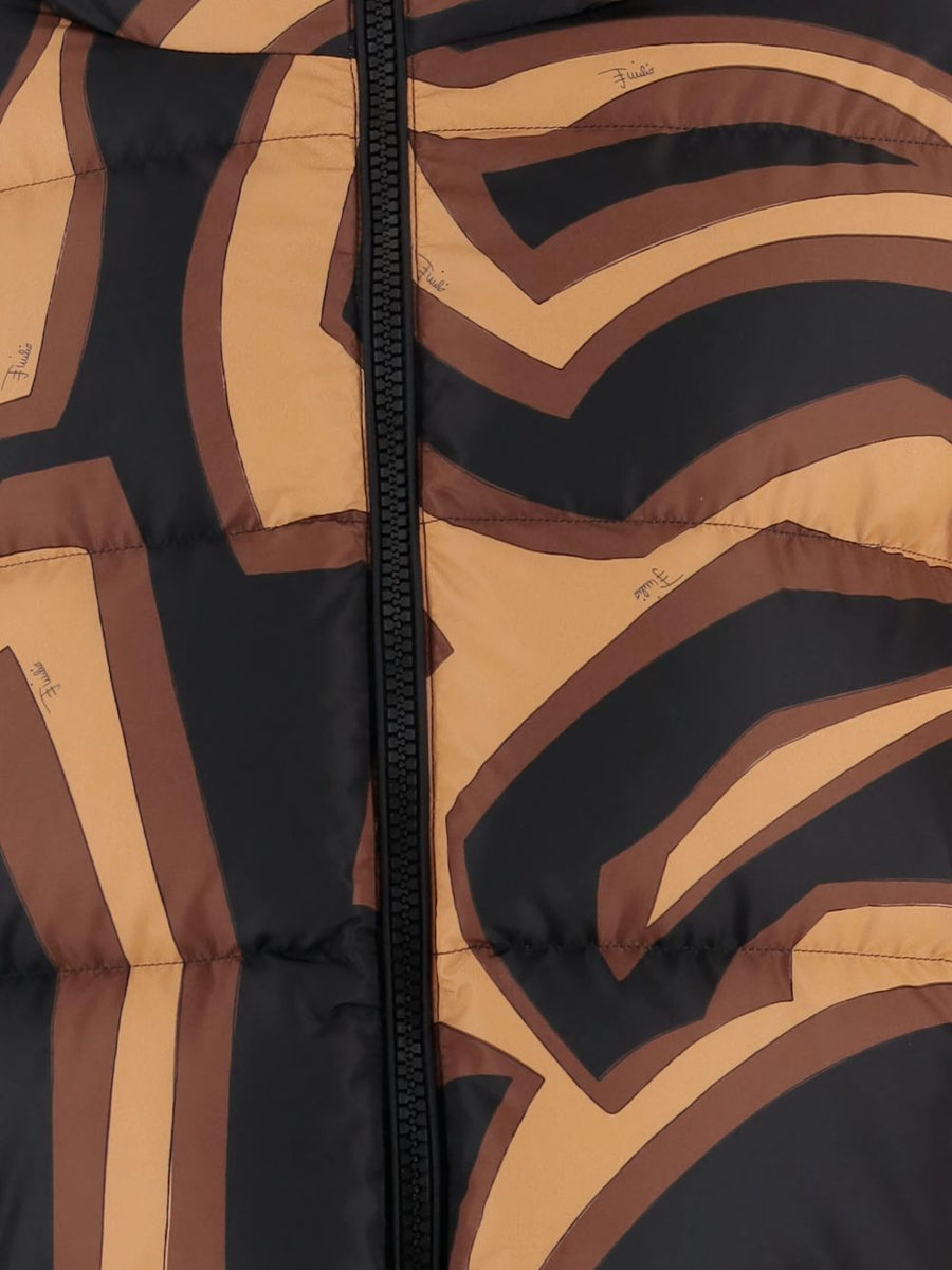 Pucci Printed Nylon Down Jacket For Women Insulated With Silk Print Motif Brown Luxury