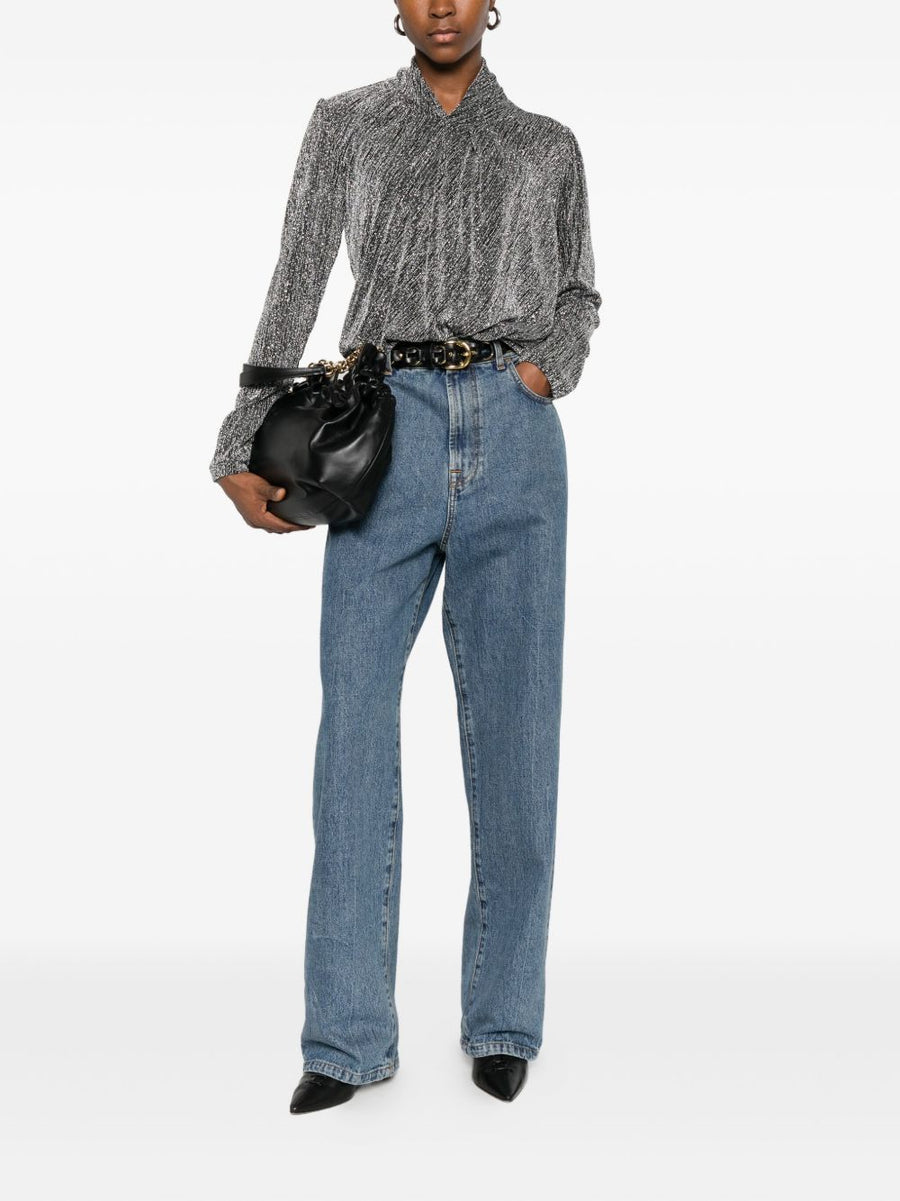 Iro Ysane Blouse With Silver Metallic Finish High Neck Silhouette For Women Versatile Workwear