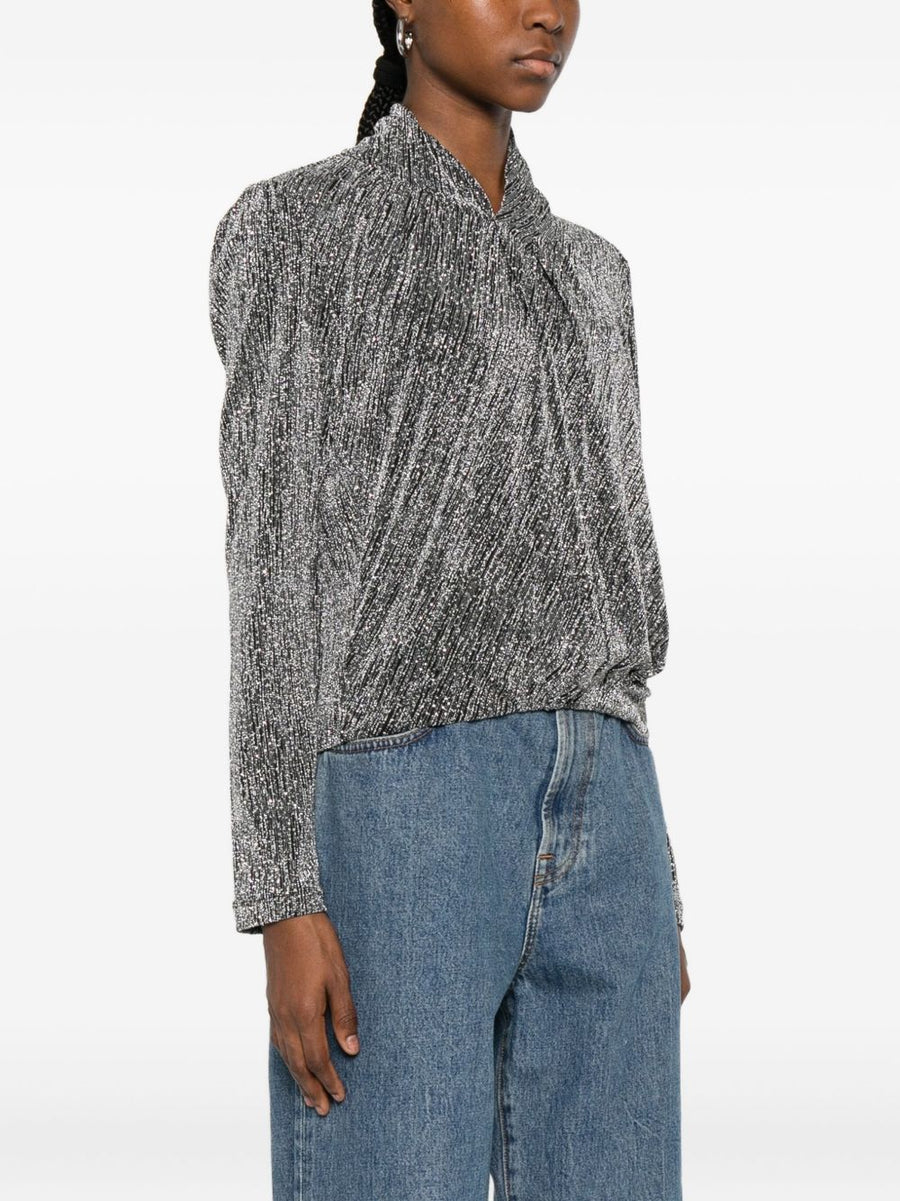Iro Ysane Blouse With Silver Metallic Finish High Neck Silhouette For Women Versatile Workwear