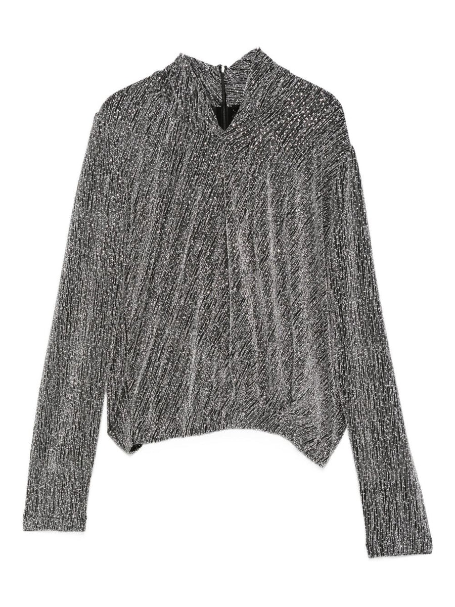 Iro Ysane Blouse With Silver Metallic Finish High Neck Silhouette For Women Versatile Workwear