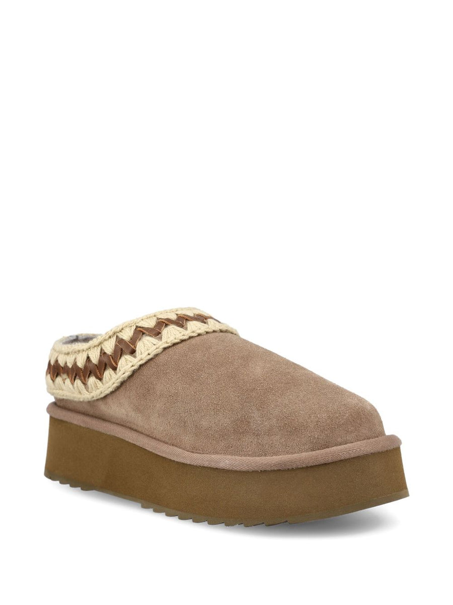 Mou Platform Clog Grey Suede Slip On Sandals With Crochet Detailing For Women 4cm Heel Effortless Chic