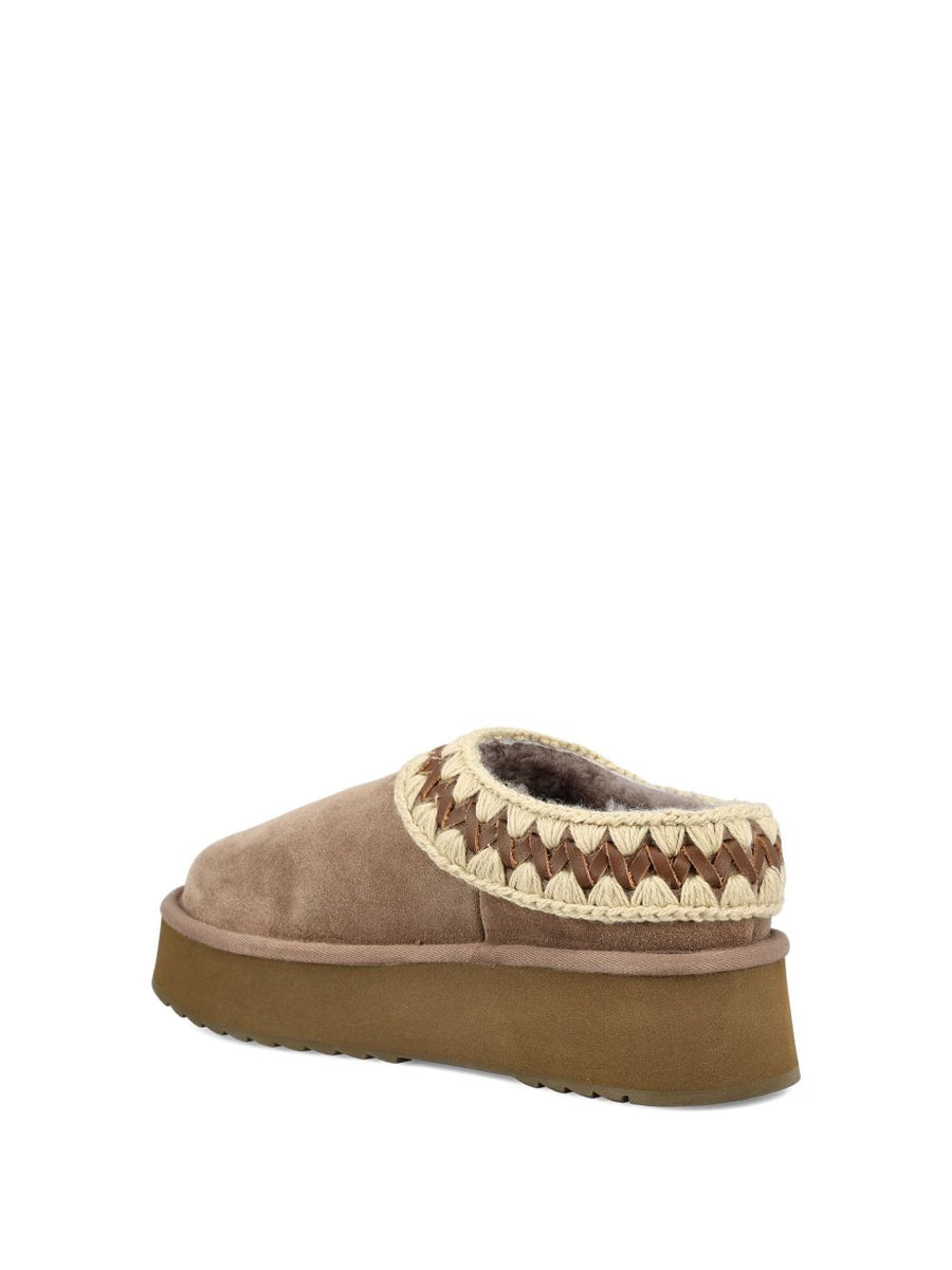 Mou Platform Clog Grey Suede Slip On Sandals With Crochet Detailing For Women 4cm Heel Effortless Chic