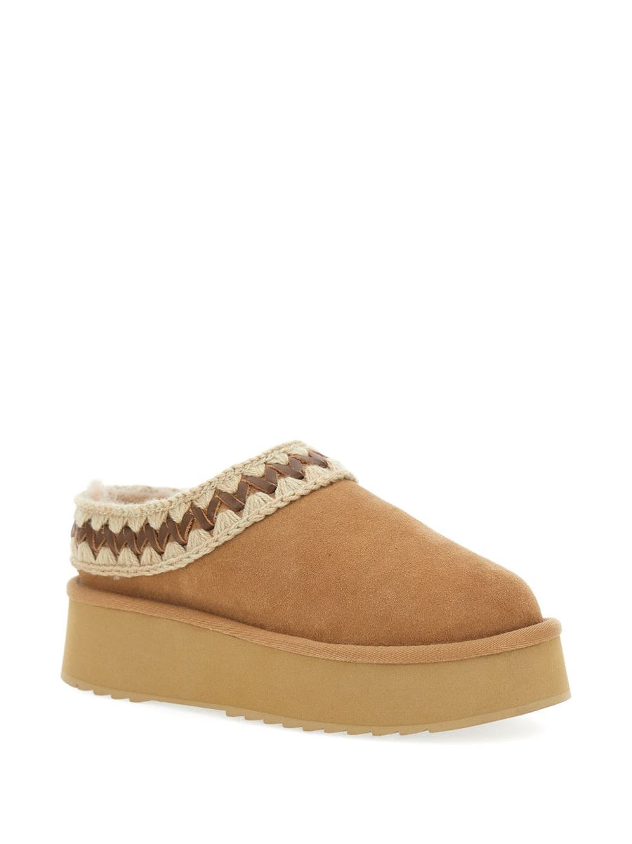 Mou Platform Clog Beige Suede With Sheepskin Lining Braided Trim Artisanal Detailing Luxury For Women
