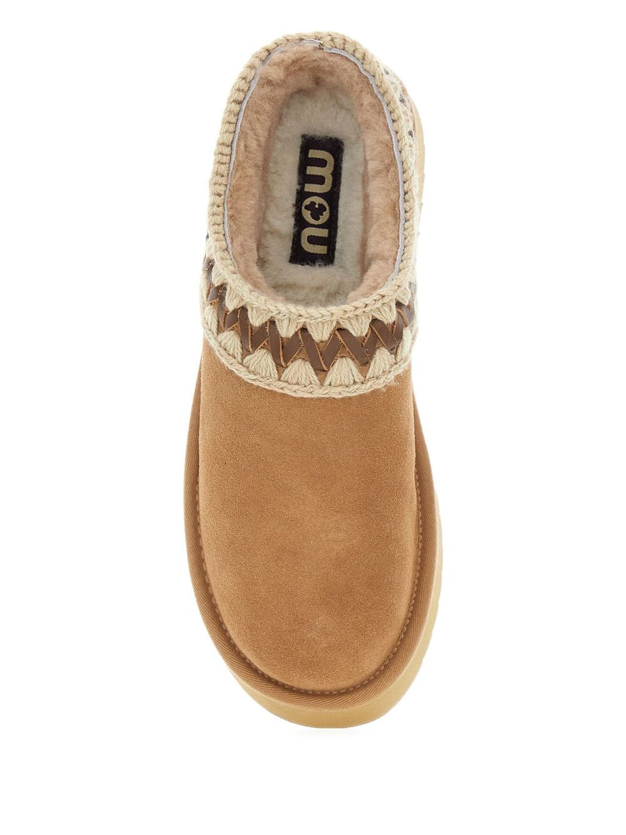 Mou Platform Clog Beige Suede With Sheepskin Lining Braided Trim Artisanal Detailing Luxury For Women