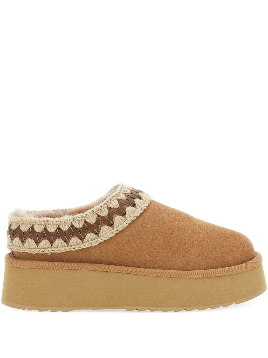 Mou Platform Clog Beige Suede With Sheepskin Lining Braided Trim Artisanal Detailing Luxury For Women