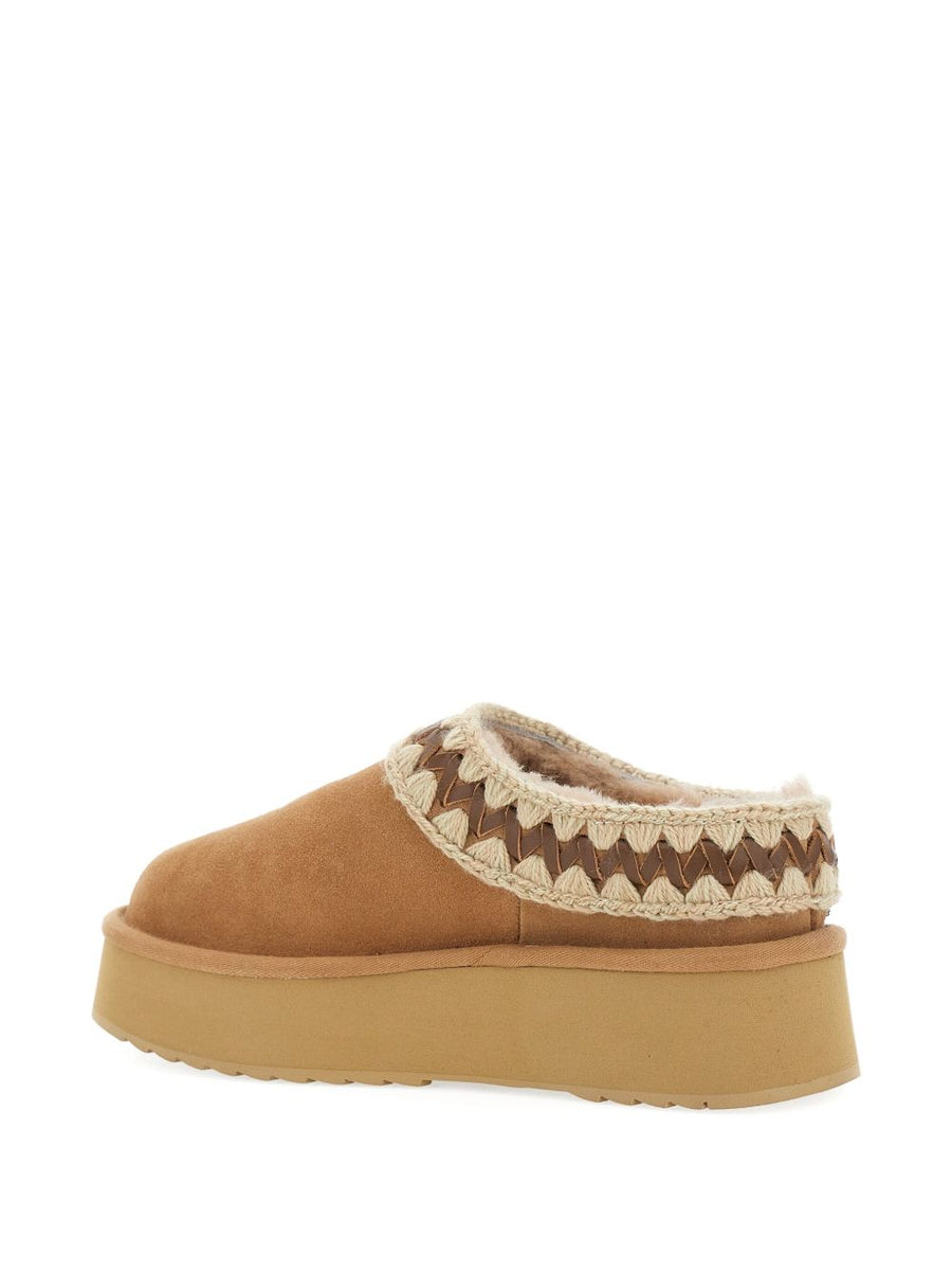 Mou Platform Clog Beige Suede With Sheepskin Lining Braided Trim Artisanal Detailing Luxury For Women