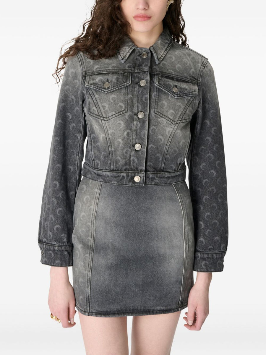 Marine Serre Moon Laser Denim Jacket For Women Dark Grey Moon Pattern 100 Percent Cotton Versatile Wardrobe