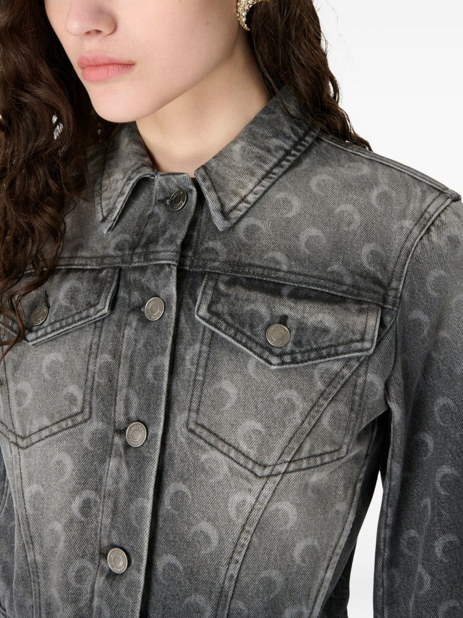 Marine Serre Moon Laser Denim Jacket For Women Dark Grey Moon Pattern 100 Percent Cotton Versatile Wardrobe